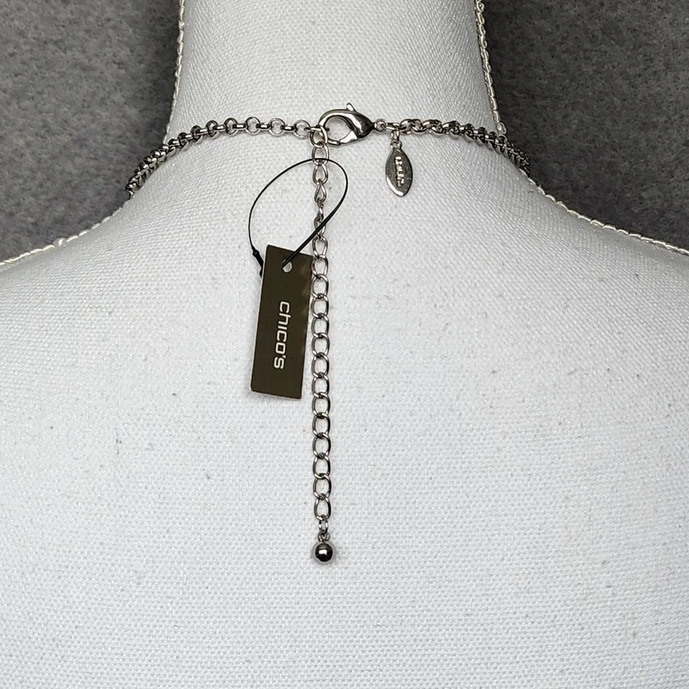 NWT Chico's Delanie Necklace Long Silver Chain + Double Sided Blue Circle Charms